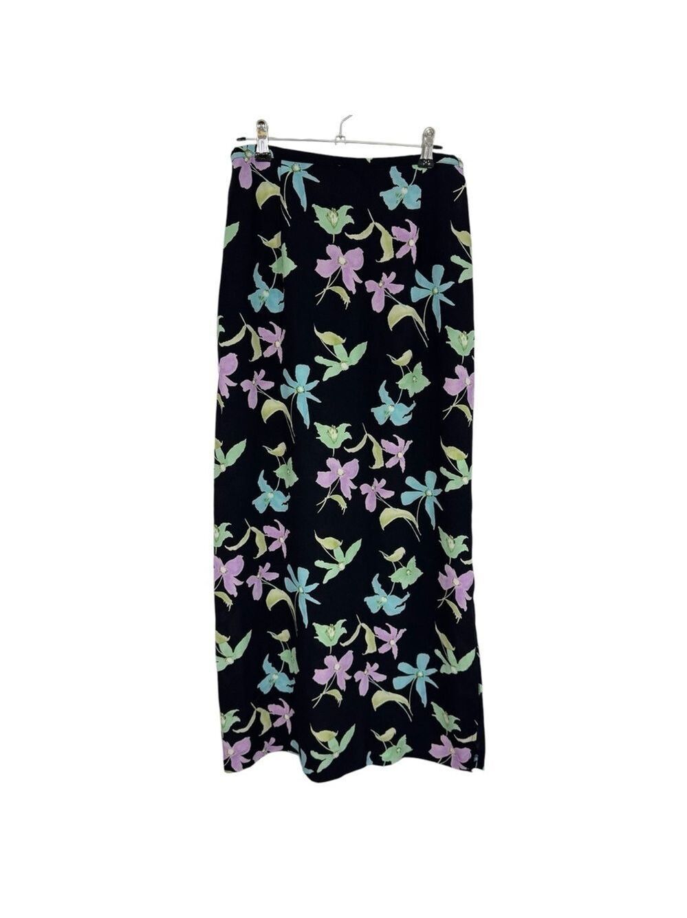 Vintage Hillard & Hanson Floral Midi Skirt Sz S Black Pastel Y2K Romantic EUC